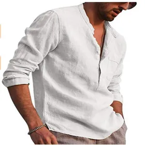 Detailed view of a men's white linen long-sleeve shirt with a V-neck casual beach design