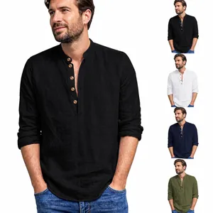 Men's Casual Long Sleeve Henley Shirt Stand Collar Cotton Blend Linen Texture Solid Color Comfortable Breathable Shirt Top