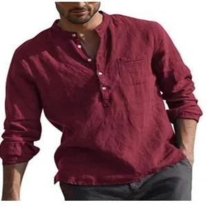 Men's stylish burgundy long sleeve casual linen henley shirt with a chest pocket