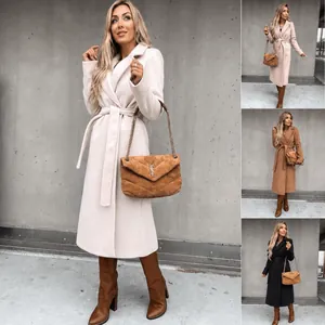 Elegant Women Long Woolen Coat Autumn Winter Lapel V-Neck Tie-Waist Belted Overcoat Outwear Fashion Commute Trench Jacket