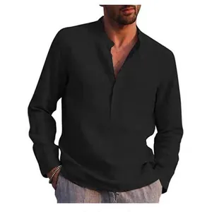 Men's casual long sleeve V-neck linen shirt in black, loose fit for summer