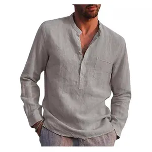 Casual long-sleeved linen shirt for men featuring a V-neck and front pocket design