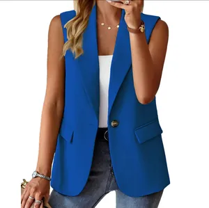 Elegante koningsblauwe mouwloze blazer-vest met knoopsluiting en reverskraag voor dames