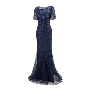 Elegante dunkelblaue Pailletten-Meerjungfrau-Abendkleid mit Mesh-Details für Bankette.