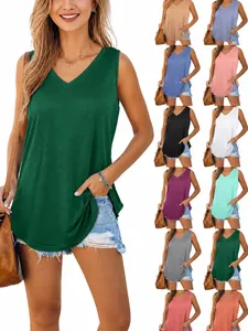 Damen V-Ausschnitt Ärmellos Polyester Tank Top Lässig Einfarbig Schwalbenschwanz-Saum Slim Fit Sommer T-Shirt Weste Für Strand Alltag