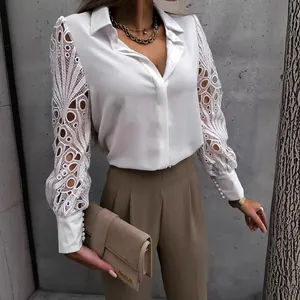 Elegant white long sleeve shirt with lace hollow-out details and classic collar
