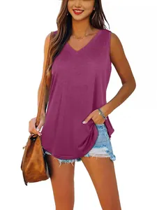 Lässiges lilafarbenes ärmelloses Damen-Tanktop mit V-Ausschnitt und Schwalbenschwanzsaum