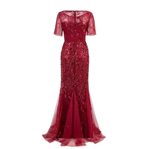 Elegantes weinrotes Pailletten-Meerjungfrau-Abendkleid mit Netzärmeln in der Rückansicht
