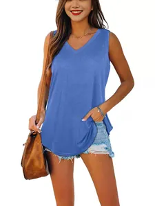 Lässiges Damen V-Ausschnitt ärmelloses blaues Tank Top mit stilvollem Rundsaum Design