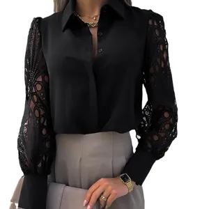Elegant black blouse for women featuring intricate floral lace cutout puff sleeves