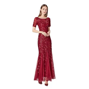 Elegantes burgunderrotes Pailletten-Abendkleid im Meerjungfrauen-Stil mit Mesh