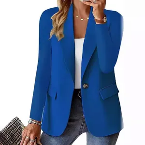 Elegante koningsblauwe dames slim fit blazer met enkele knoop en zakken, lange mouw