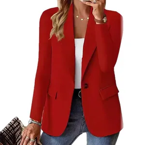 Elegante damesblazer in rood met lange mouwen, effen kleur voor zakelijk en casual