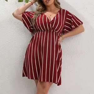 Vestido a Rayas con Cuello en V para Mujer Talla Grande Manga con Volantes Vestido Midi Bohemio Casual Cintura Elástica Moda Verano Corte A