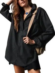 Giacca di jeans nera a maniche lunghe da donna con scollo a V alla moda e design casual
