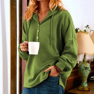 Lässiges olivgrünes Kapuzen-Sweatshirt für Damen mit Polokragen und gerippten Bündchen