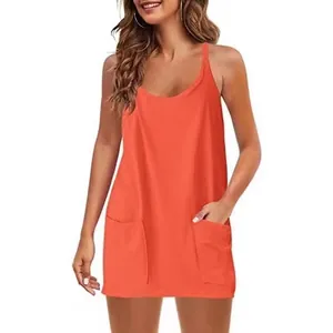 Loose fit orange sleeveless romper jumpsuit with pockets for women's summer style