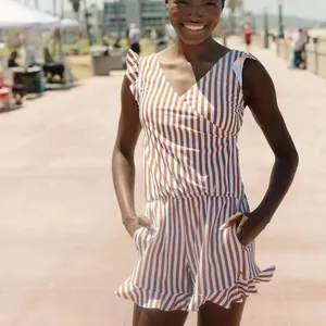 Stylish summer sleeveless V-neck brown and white striped romper with ruffle trim for women