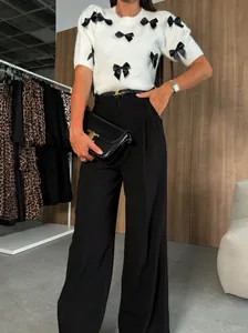 Pantalones De Talle Alto Y Pierna Ancha Para Mujer Elegante Color Sólido Poliéster Casual Recto Inferior Para Oficina Trabajo Uso Diario