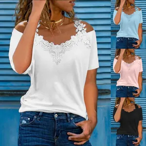 Showcasing four color variations and the delicate lace neckline of the casual summer tee