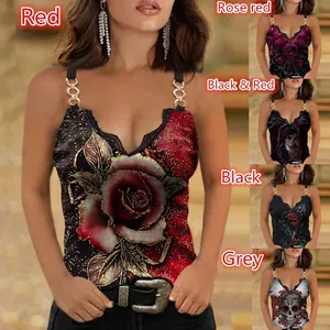 Elegant V-neck camisole with lace trim and chain straps featuring various rose prints