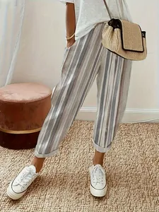 Women's Casual Striped Printed Pants Loose Straight Leg Trousers Cuffed Hem Polyester Bottoms For Daily Travel