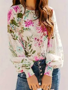 Chemisier Femme Imprimé Floral Col Rond Manches Longues Décontracté Ample Pull en Polyester