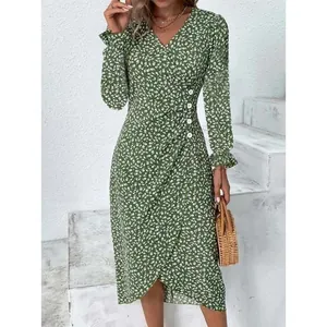 Elegant green floral print midi dress featuring a V-neck and asymmetric side button hem
