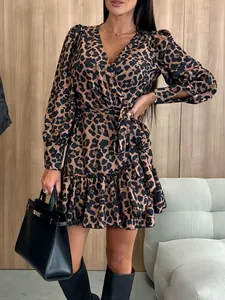 Women V Neck Leopard Print Mini Dress Long Puff Sleeve Lace Up Ruffle Hem Polyester Sexy Party Elegant Short Dress