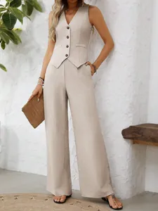 Elegant two-piece set featuring a beige button-up vest and matching wide-leg trousers.