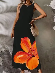 Women Summer Sleeveless V-Neck Maxi Dress Polyester Elegant 3D Floral Print High Waist Long Dress Vacation Casual Top And Bottom