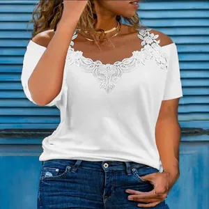 Detailed view of women's white casual short sleeve T-shirt with lace V-neckline