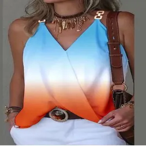 Detail shot of women's V-neck gradient tank top with metal buckles on straps.