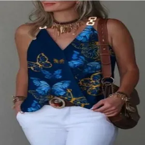 Blue butterfly print V-neck tank top with gold metal buckle straps for summer fashion