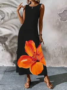 Sleeveless black maxi dress featuring a vibrant orange lily flower print design.
