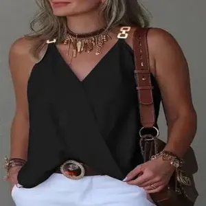 Chic black V-neck sleeveless top featuring decorative gold metal buckles on shoulders.
