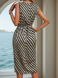 Detailed back view of a wavy black and white striped sleeveless midi dress.