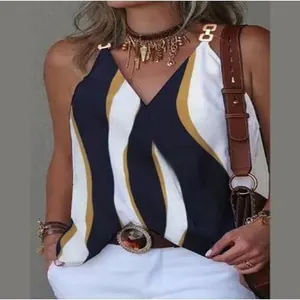 Sleeveless V-neck top with wavy striped print and elegant metal strap detail.