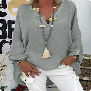 Chemisier ample en lin gris pour femme avec collier à pampilles décoratif
