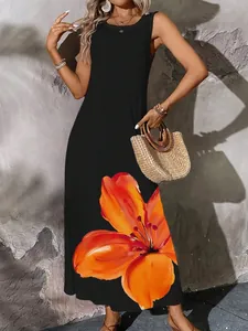 Detail view of large orange lily flower print on black sleeveless summer maxi dress