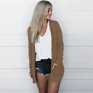Detailed view of women's mid-length solid color casual brown cardigan with pockets