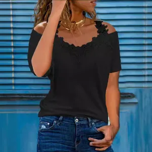 Elegant black V-neck lace hollow-out short sleeve T-shirt with off-shoulder design
