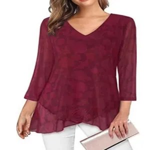 Elegant burgundy V-neck blouse for women featuring asymmetrical hem and 3/4 sleeves.
