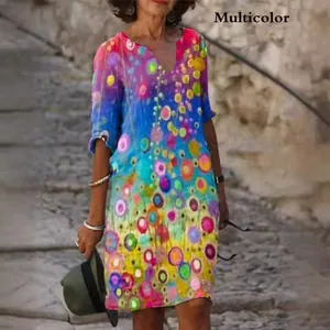 Vestido midi de mujer con cuello en V, estampado de lunares de colores y manga 3/4