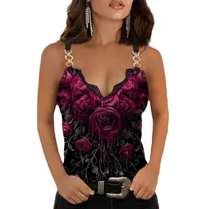 Women's V-neck floral tank top with lace trim and elegant gold chain straps