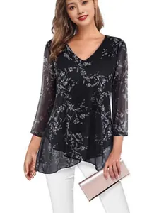 Elegant black floral print V-neck blouse with asymmetrical hem for women spring summer