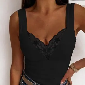 Sexy schwarzes Ärmelloses Oberteil mit V-Ausschnitt und Spitze für Damen.