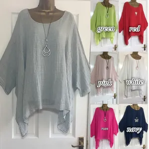 Women's Casual Polyester T-Shirt Solid Color Hollow Out Irregular Hem Round Neck Top Three-Quarter Sleeve Loose Fit Shirt