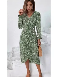 Women V-Neck Floral Print Puff Long Sleeve Irregular Hem Midi Dress Elegant Pullover Boho Sweet Button Decoration A-Line Dress