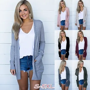 Women's Casual Solid Color Open Front Mid-Length Cardigan Lightweight Polyester Long Sleeve Top Coat With Pockets